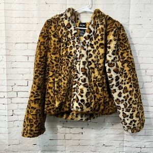 Me Jane Leopard Print Faux Fur Jacket Size XL Fitted Short Hooded Brown Black